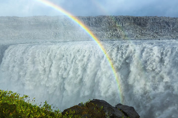 Fototapeta premium Huge Dettifoss waterfall with a double rainbow, Iceland