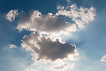 Closeup of the blue sky with sun behind the clouds