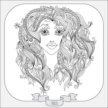 Hand drawn pattern for coloring book zodiac Virgo.