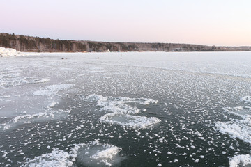 Formation of ice on the river in the winter, River Ob, Russia