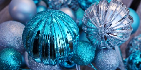 Blue and silver glittery Christmas holiday decorative round ornaments