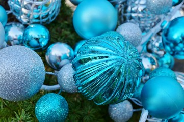 Blue and silver glittery Christmas holiday decorative round ornaments