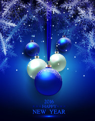 Holidays greeting card with fir snowflakes and balls.