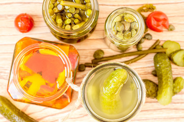 Pickled vegetables in jars top view
