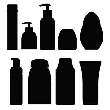 Set of bottles for the bath. Black silhouette.