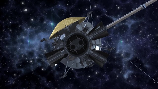 Unmanned spacecraft similar with the Cassini Huygens Saturn orbiter, flying on a deep space background
