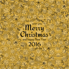 Christmas greeting card with text wish you a Merry Christmas and many winter doodles. Santa, toys, cookies, snowmen, fir, candies, socks, gifts, bows, snowflakes, stars, hollies, mittens, etc.