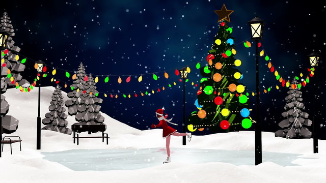 Cute girl skating in the ice park. Loop animation.