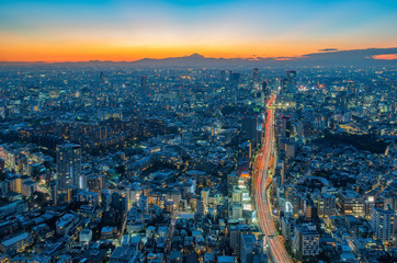 Obraz premium The sun sets over the cityscape of Tokyo