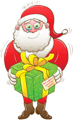 Santa Claus weeping and showing a lot of emotion while holding a big beautiful present which has a card wishing him a Merry Christmas