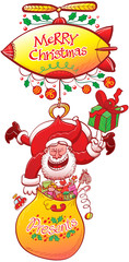 Naklejka premium Clever Santa Claus carrying his presents bag and holding a gift with the tip of his hand while hanging from a zeppelin, thanks to a claw grabbing the back of his red suit, and laughing animatedly