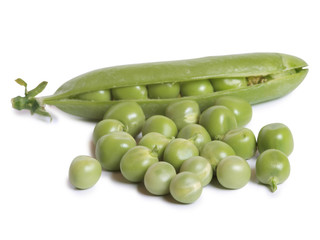 Ripe green peas on a white background