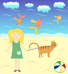 Obraz na płótnie Canvas Alice and Timothy the cat near the sea