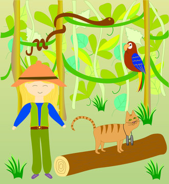Alice and Timothy the cat in the jungle