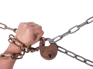 Man's hand and a metal chain on white background