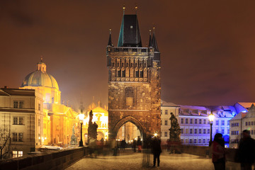 Fototapeta na wymiar Christmas snowy Prague Old Town in the Night, Czech Republic