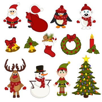 set of isolated christmas characters and decorations - vector illustration, eps