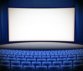 cinema theater background with blue seats and blue curtains