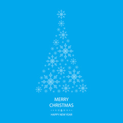 merry christmas and happy new year greeting card with white christmas tree on blue background