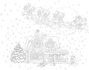 Magic reindeers flying Santa Claus with a sack of gifts in his sleigh on Christmas eve, a black and white vector illustration