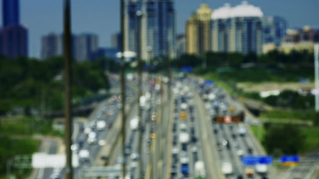 Blurry footage of King's Highway 401 near Toronto in Ontario Canada. The part of Highway 401 that passes through Toronto is the busiest highway in the world.