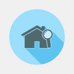 Flat design house with magnifying glass icon with long shadow