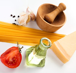 Spaghetti ingredients on a white background 