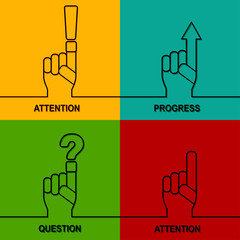 Attention, progress, question sign icon. Set of symbol in background. Vector hand.