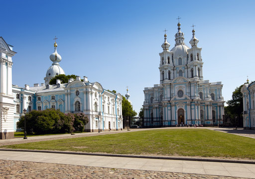 View on Smolnyi  cathedral (Smolny Convent), St. Petersburg, through the square of Proletarian dictatorship. Russia..