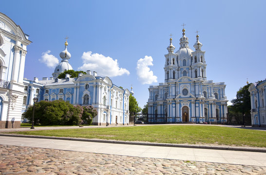 View on Smolnyi  cathedral (Smolny Convent), St. Petersburg, through the square of Proletarian dictatorship. Russia..