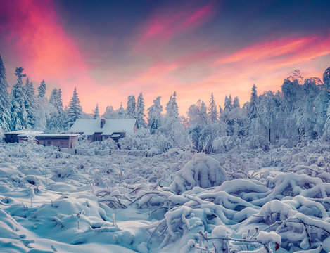 Fototapeta Colorful winter sunrise in the mountain village.