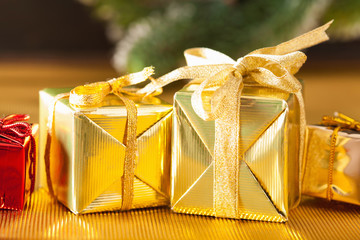 red and golden christmas gift boxes and decoration