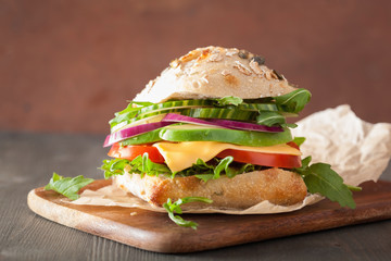 tomato avocado cheese sandwich with cucumber onion