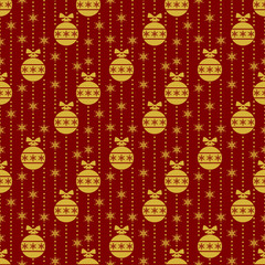 Red seamless pattern with gold Christmas balls.
