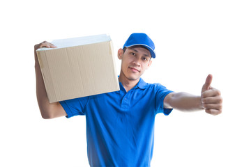 Asian delivery man carrying a parcel box and giving thumbs up