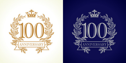100 anniversary luxury logo. Template logo 100 royal anniversary with a frame in the form of laurel branches and vintage number one hundred.