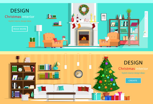 Set of colorful Christmas interior design house rooms with furniture icons. Christmas wreath, Christmas tree, fireplace. Flat style vector illustration