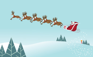 Santa's Ride Santa Claus takes off from the North Pole with his eight tiny reindeer. EPS 8 vector grouped for easy editing. - 97586925