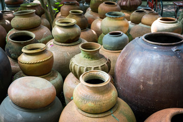 Fototapeta na wymiar Earthenware handmade old clay pots in Thailand