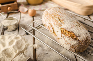 Homemade rustic bread, baked in oven