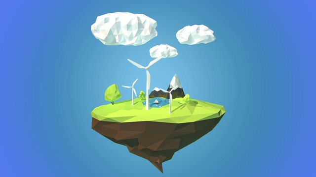 Wind turbines on floating island, low poly style.