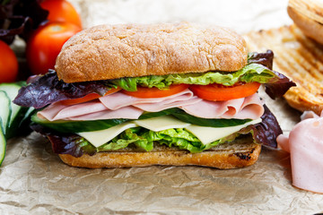 Grilled Sandwich with lettuce, slices of fresh tomatoes, cucumber, red onion, ham and cheese.