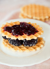 Fresh waffle with blackberries and jam on a white plate
