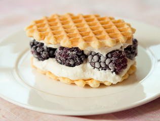 Golden waffles with blackberries and soft cheese