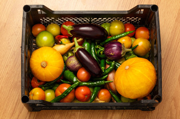 Black plastic box with fresh vegetables