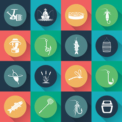 vector set of icons on fishing theme in flat design. Vector