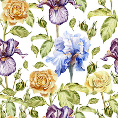 Seamless pattern with watercolor flowers. Rose and Iris.