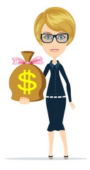 woman with dollar signed bag
