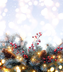 Obraz na płótnie Canvas Art Christmas tree light; Christmas Background With Fir Branch
