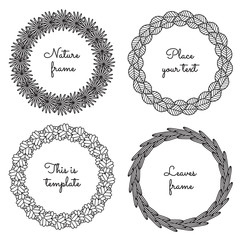 Circle nature frames (black) with leaves (palm, apple tree, aspen, sea buckthorn) vector set. Vintage style. Perfect for invitations and other design.